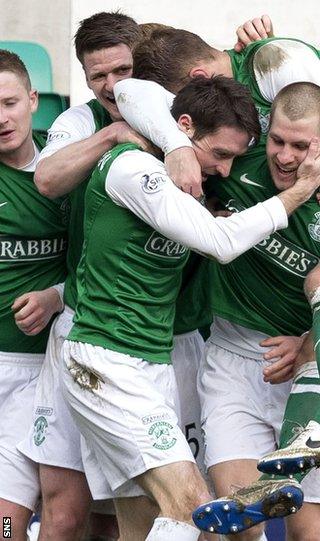 Paul Heffernan is mobbed after giving Hibs the lead