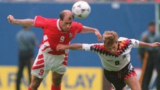 Iordan Letchkov scores for Bulgaria against Germany