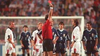 David Beckham is sent off for England against Argentina