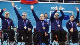 GB wheelchair curlers celebrate their bronze medals