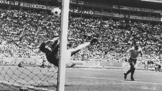 England's Gordon Banks makes a wonder save from Brazil's Pele