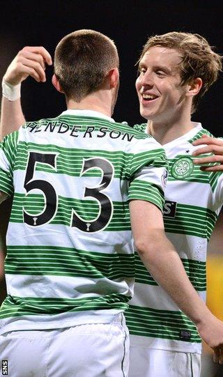 Liam Henderson and Stefan Johansen celebrate