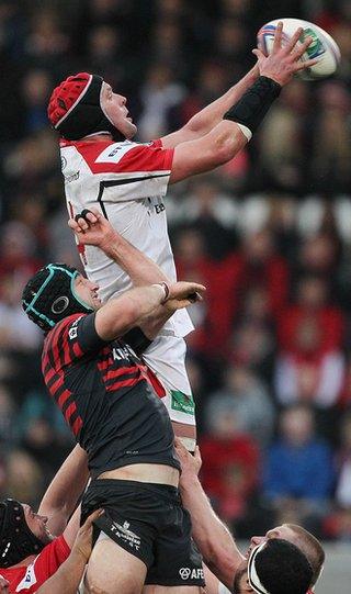 Ulster captain Johann Muller gets above Steve Borthwick to win the ball at the line-out