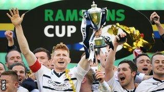 Raith Rovers players celebrate the Ramsdens Cup triumph at Easter Road