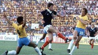 David Narey scores for Scotland against Brazil