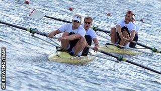 Alex Gregory and Moe Sbihi (with Andy Triggs Hodge and George Nash trailing)