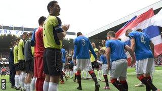 The Stranraer players form a guard of honour for Scottish League One winners Rangers