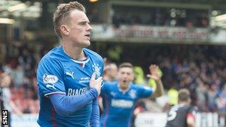 Dean Shiels celebrates after scoring for Rangers against Dunfermline