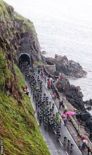 The Giro d'Italia peloton on the coast road near Larne during Saturday's second stage in the Grand Tour in Northern Ireland