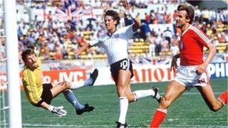 Gary Lineker scores for England against Poland