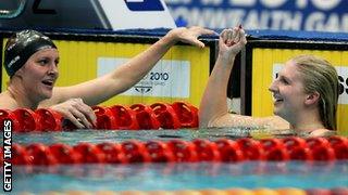 Jazz Carlin celebrates with Rebecca Adlington