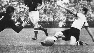 Max Morlock scores for West Germany against Hungary in the 1954 World Cup final