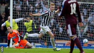 Conor Newton celebrates after scoring for St Mirren against Hearts in the 2013 Scottish League Cup final