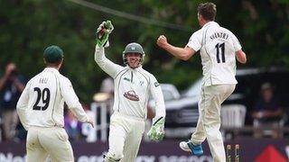 Worcestershire wicketkeeper Ben Cox celebrates the stumping of Jaik Mickleburgh off Jack Shantry