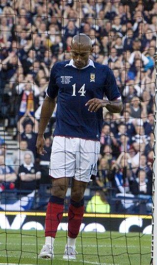 Scotland striker Chris Iwelumo after missing a glorious chance against Norway