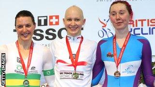 English rider Joanna Rowsell, is flanked by Rebecca Wiasak of Australia and Scotland's Katie Archibald