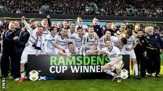 Raith Rovers celebrating after winning the Ramsdens Cup