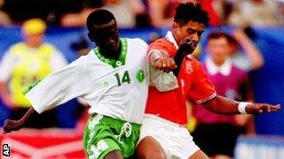 Netherlands midfielder Frank Rijkaard battles for the ball during his side's 2-1 win over Saudi Arabia at the 1994 World Cup.