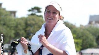 Johanna Konta of Great Britain smiles after beating Swiss Belinda Bencic