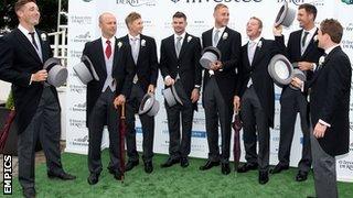 Jonathan Trott makes a public appearance at Epsom on Derby Day with some of his England team-mates, June 2014