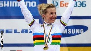 Becky James with her rainbow jersey after winning a world title in 2013