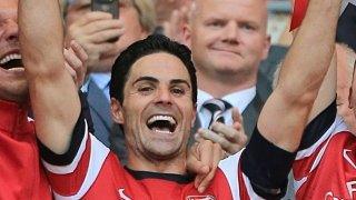 Arsenal's Mikel Arteta celebrates FA Cup final win.