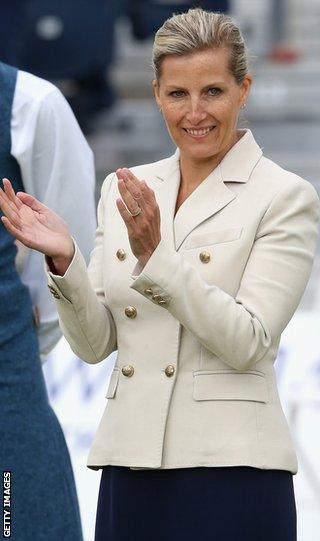 Sophie, Countess of Wessex, watches the bowls at Kelvingrove