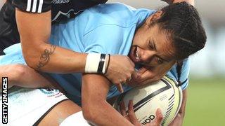 Samoa's Bello Milo is tackled in a recent World Cup warm-up fixture against New Zealand