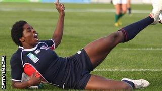 Vanesha McGee celebrates a try against Ireland in the 2010 World Cup