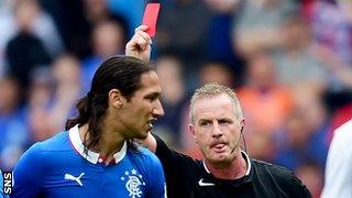 Rangers' Bilel Mohsni is red-carded in the friendly defeat by Derby County