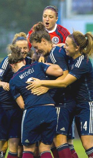 Scotland players celebrate Jenny Beattie's goal