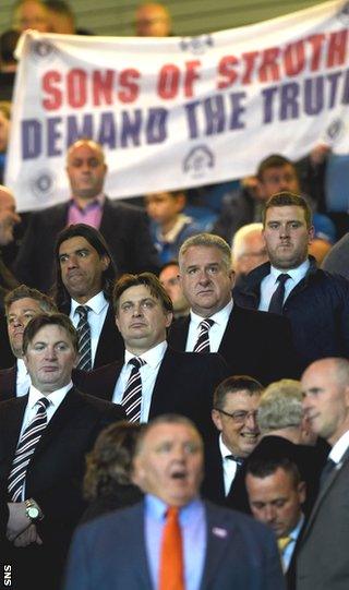 Rangers shareholders Sandy and James Easdale plus chief executive Graham Wallace were the subject of a banner protest at Ibrox