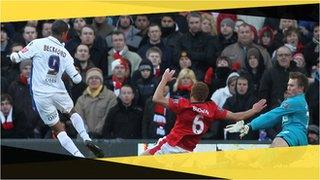 Leeds United's Jermaine Beckford scores against Man Utd in the 2010 FA Cup