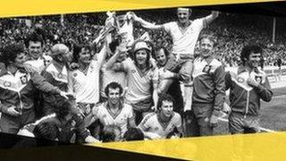 Southampton's Bobby Stokes lifts the FA Cup with his team-mates