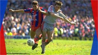 John Pemberton and Peter Beardsley challenge for the ball in the FA Cup semi-final