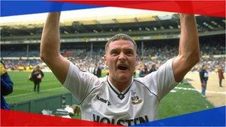 Paul Gascoigne celebrates in the 1991 FA Cup semi-final