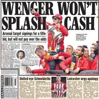 The back page of Monday's Daily Express features stories on Arsenal, Manchester United and Leicester