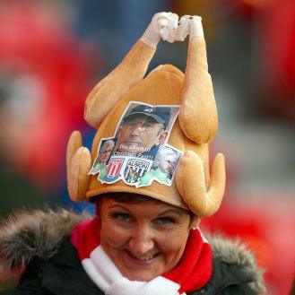 Pulis is 'the ghost of Christmas past' on this fan's festive turkey hat in 2017, when two of his old teams, Stoke and West Brom, met on 23 December. The Potters beat the Baggies 3-1