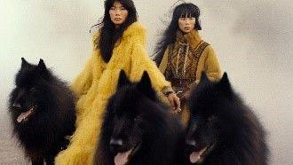 Two women in yellow fluffy coats with three big hairy dogs with pink tongues hanging out.