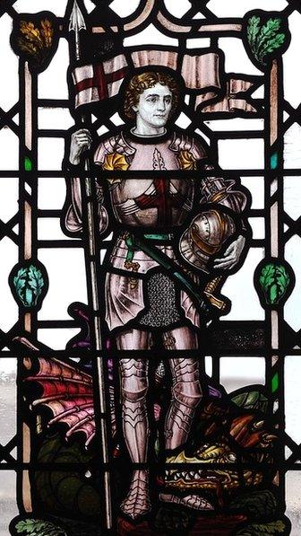 Stained glass window depicting St George and the Dragon