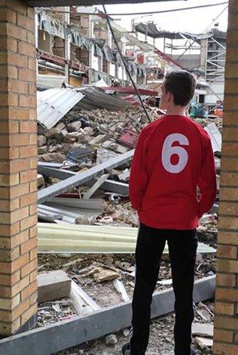 Jonjo looking at the demolished Boleyn ground