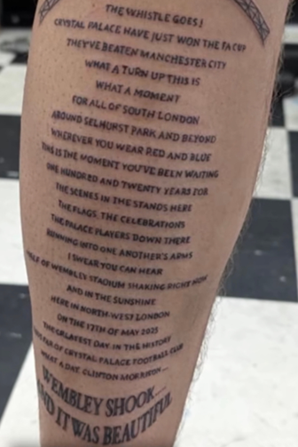 Crystal Palace tattoo on Lewis Carey