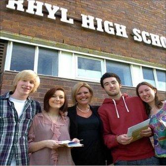 Rhyl high head teacher Claire Armitstead with A-level students