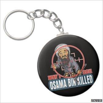 A key ring with an image of Osama bin Laden in the cross hairs of a gun, with the words 'Osama bin Killed'