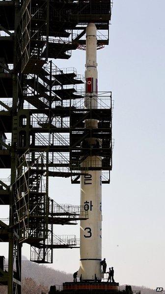 A Unha-3 rocket is pictured at Tongchang-ri launch site on 8 April 2012