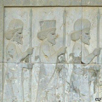 Achaemenid soldiers carved on the wall of the eastern stairway of the Apadana palace in the ancient Persian city of Persepolis