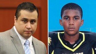 George Zimmerman at trial (left) and family photo of Trayvon Martin (right)