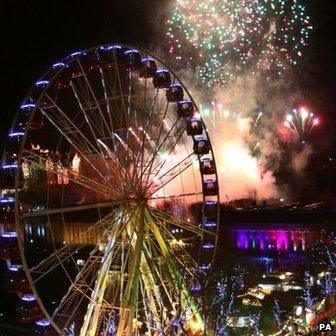 Fireworks over Edinburgh to celebrate the New Year's Eve Edinburgh Hogmanay street party, Scotland