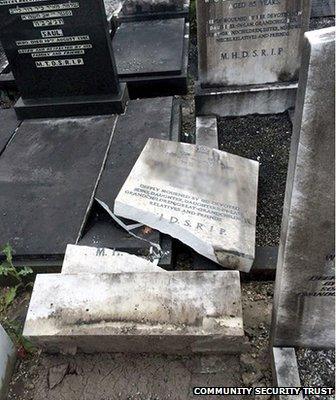 A gravestone broken in half