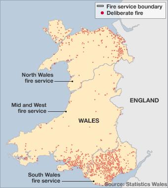 Map of deliberate fires in Wales